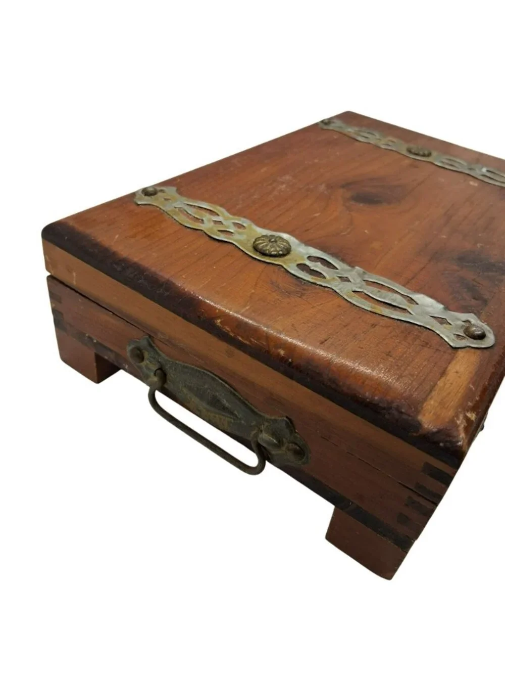 Vintage Wooden Jewelry Cigar Box Brass Accents Ornate Latch Rustic Storage Chest